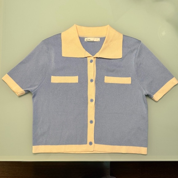 (NWOT) OAK + FORT Pastel Blue/Pale Yellow Preppy Cropped Knit Polo Top Size S-P - Picture 4 of 6